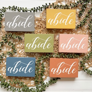 May include: Six wooden signs with the word "abide" written in white cursive on each. The signs are painted in different colors: gray, yellow, green, pink, blue, and orange.