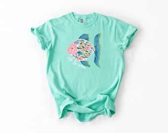 Ride the Waves Floral Ocean Graphic Tee, Coastal Reef Design, Watercolor Beach Shirt, Vacation Apparel