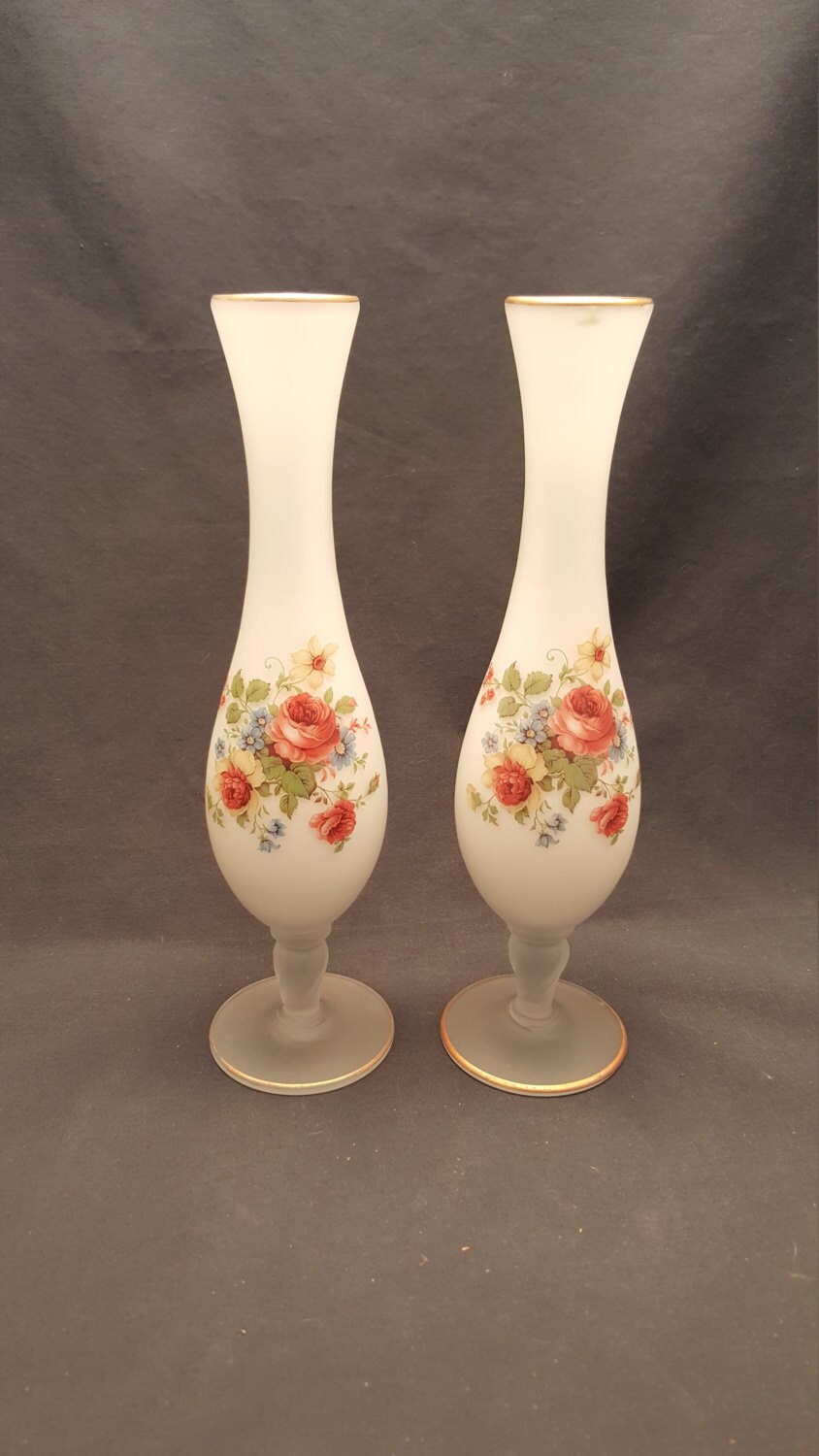Set of 2 Vintage Bud Vases White Floral Gold Trim Flower Etsy