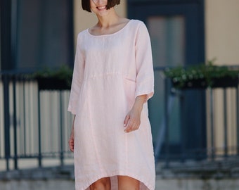 Linen Dress-Tunic Clothing Women Wardrobe Midi Length Soft Linen Dress Shirt with pockets