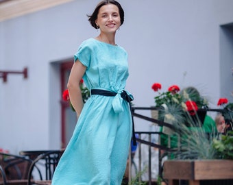 Linen dress with belt. Summer linen dress. Women linen dress. Stonewashed linen dress