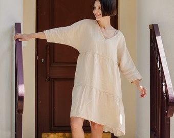 Oversized Linen Dress Loose Fit Dress Plus Size Linen Dress Soft Linen Long Tunic Midi dress Multi layered Linen Dress