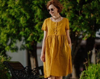 Linen DRESS Oversized Linen Tunic Comfy Plus size Dress Available in 30 colors Sort Sleeves Summer Dress Party Dress