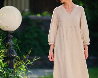 Long linen DRESS Maxi dress V-neck Loose fit dress Women dress available in 30 colors Oversized Boho Smock Style Comfy dress GRETA