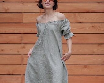 Linnen jurk Midi lengte uit de schouders linnen jurk minimalistische moederschap linnen jurk Boho linnen jurk
