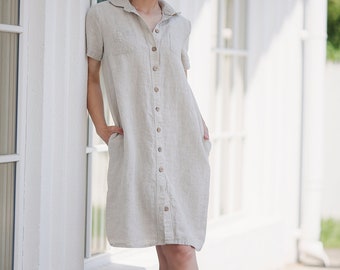 Long Linen Shirt Soft Linen Midi Dress Women Tunic Summer Shirt Short Sleeves Casual Formal Clothing Buttoned Shirt Linen Dress