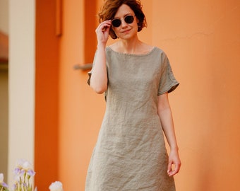 Linen Dress Midi Length Pure Linen Women TUNIC Soft Organic Linen Tunic with Belt Linn Clothing Women Tunic Pure Linen