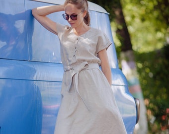 Linen DRESS Soft Natural Dress Handmade Linen Dress Casual Organic Women Dress with belt Midi Length Summer Dress Party Dress