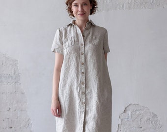 Midi length linen tunic with buttons SOFT BUTTONED DRESS linen shirt summer dress women tunic washed linen dress with pocket