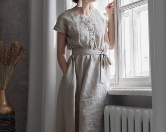 Linen Dress With Belt Summer Relaxed Fit Linen Dress Casual Loungewear Day Dress Travel Dress Linen Women Dress Summer Organic Dress