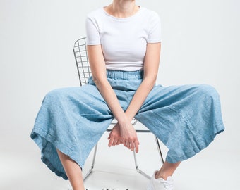 Leinen-CULOTTES, Leinenhose, weites Bein, Rockhose, weiche Hose aus reinem Leinen, erhältlich in 30 Farben, Leinen-Oversized-Hose, Hose mit lockerer Passform