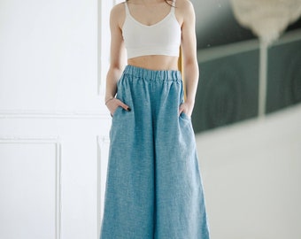 Linen Culottes High Waist Linen Pants Relaxed Fit Linen Pants Wide Leg Loose Linen Culottes Large Size Boho Linen Pants Trousers