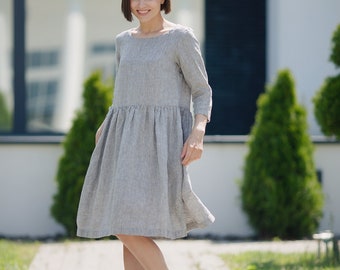 Linen Loose Fit Dress Relaxed Oversized Linen Dress Linen Tunic Linen Handmade Dress Plus Size Midi length Dress With Sleeves Tunic