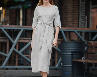 Pure linen DRESS Long dress with belt Midcalf linen dress Soft washed loose fit comfy dress Natural linen dress Women dress Linen clothing