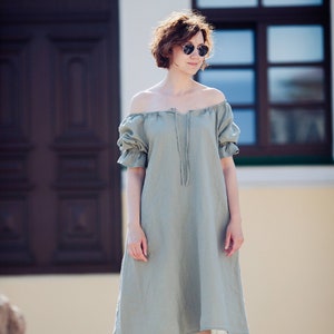 Linen Dress Off The Shoulder Linen Dress Linen Tunic Elegant Linen Dress Summer Linen Tunic Relaxed Loose Fit Dress Women Dress Handmade image 1