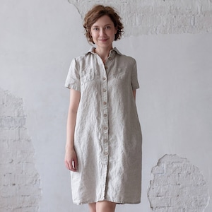 Midi length linen tunic with buttons SOFT BUTTONED DRESS linen shirt summer dress women tunic washed linen dress with pocket