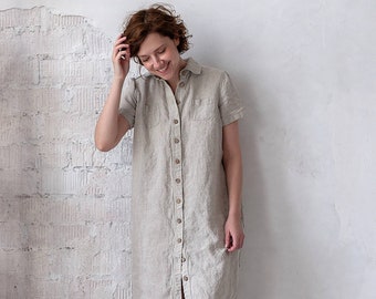 Knee-Length Dress with Buttons. Boho Dress. Linen Dress LAURENCE. Minimalist Midi Summer Dress. Long Shirt. Linen Tunic