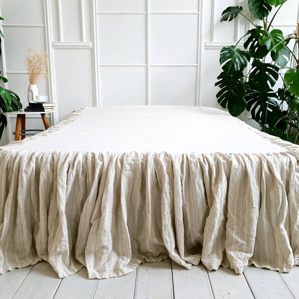 Organic linen bedskirt. Linen coverlet. Linen bed cover. Linen bed valance in striped color. Tailored linen bedskirt. Linen Dust Ruffle.