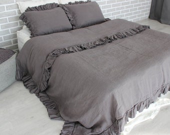 Comforter Linen DUVET COVER Quilt Ruffled cover with two pillowcases Soft organic Duvet cover with ruffle Twin Queen King CalKing Double