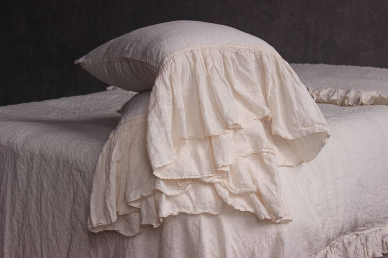 Stonewashed linen pillow sham with long ruffle on one side. Etsy