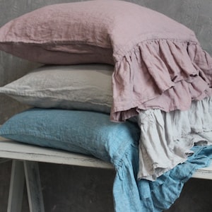 Ruffled pillow sham. Linen pillow case with ruffle. Organic linen pillowcases in different color variations and sizes Soft stonewashed linen image 1