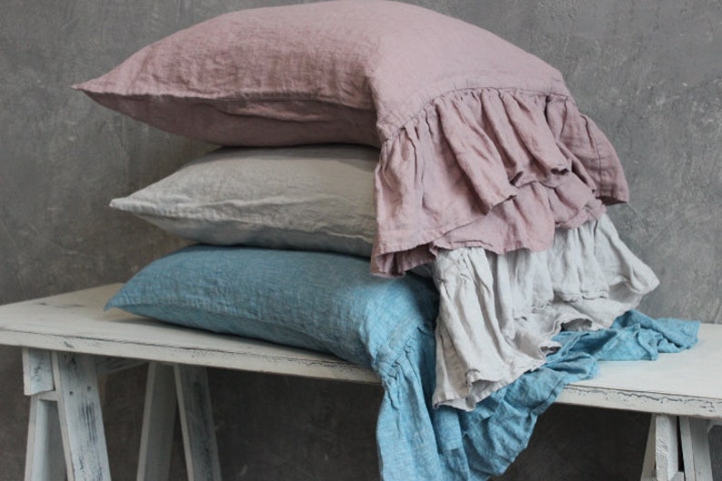 Ruffled pillow sham. Linen pillow case with ruffle. Organic linen pillowcases in different color variations and sizes Soft stonewashed linen image 1