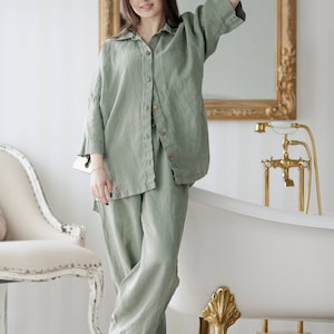Linen PAJAMA Loose comfortable linen Pajama set Linen Sleepwear Linen Loungewear Night suit Linen pajama set Shirt and Pants image 4
