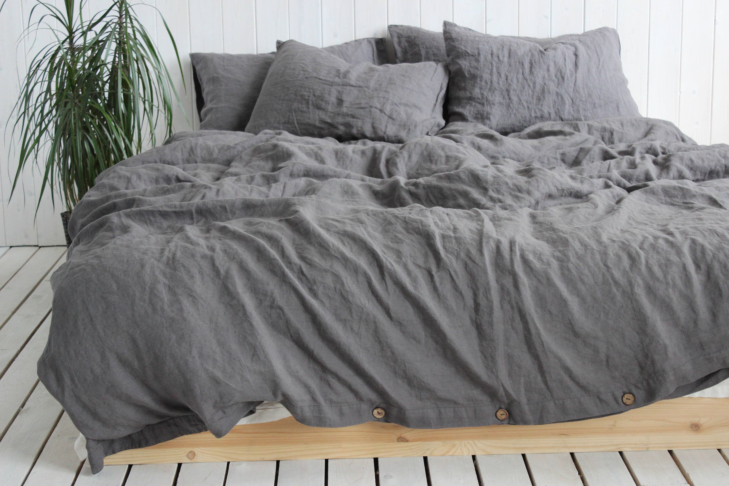 Housse de Couette en Lin et Deux Taies d'oreiller. Housse Doux Couleur Gris Anthracite Us Twin Full 