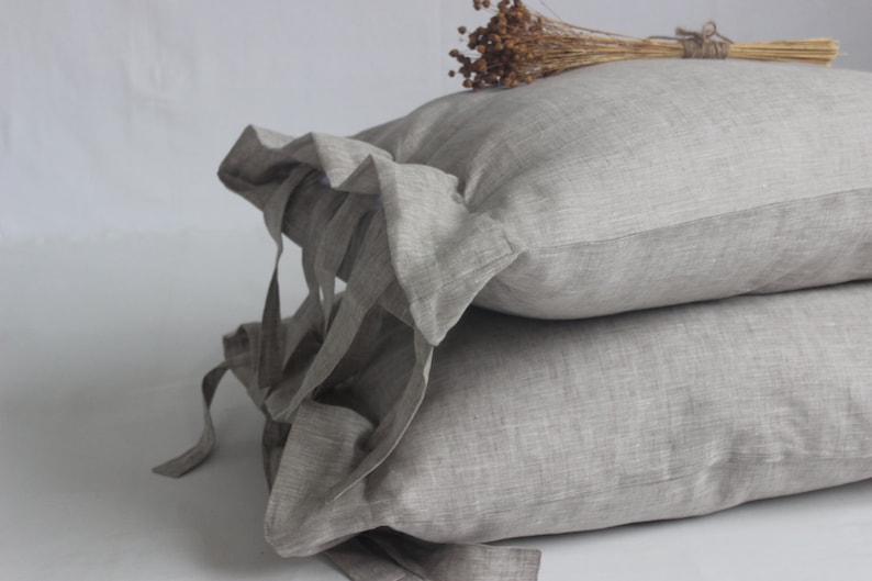 Linen Pillow Sham Stone Washed Organic Eco Pillowcase with Ties Pillow Case Slip Cover Standard Queen King Euro size Linen Pillowcase Flax