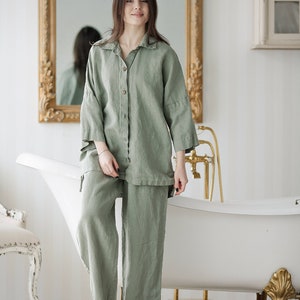 Linen PAJAMA Loose comfortable linen Pajama set Linen Sleepwear Linen Loungewear Night suit Linen pajama set Shirt and Pants image 5