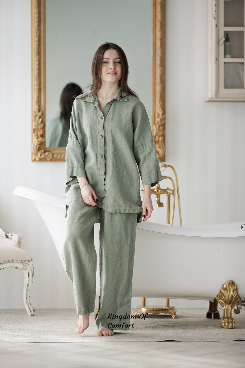 Linen PAJAMA Loose comfortable linen Pajama set Linen Sleepwear Linen Loungewear Night suit Linen pajama set Shirt and Pants image 5