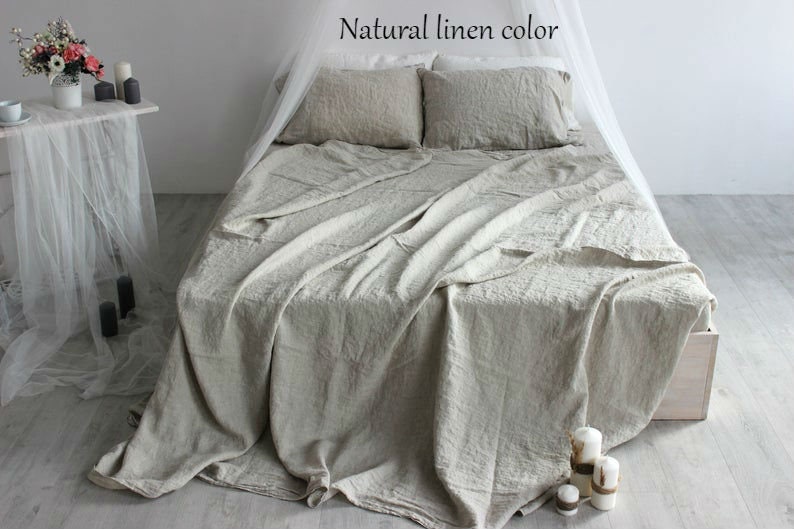 Organic Stonewashed Linen Softened Sheets Set 100% Linen Completely Natural Bedding Stonewashed shabby chic look linen sheet set Queen King image 5