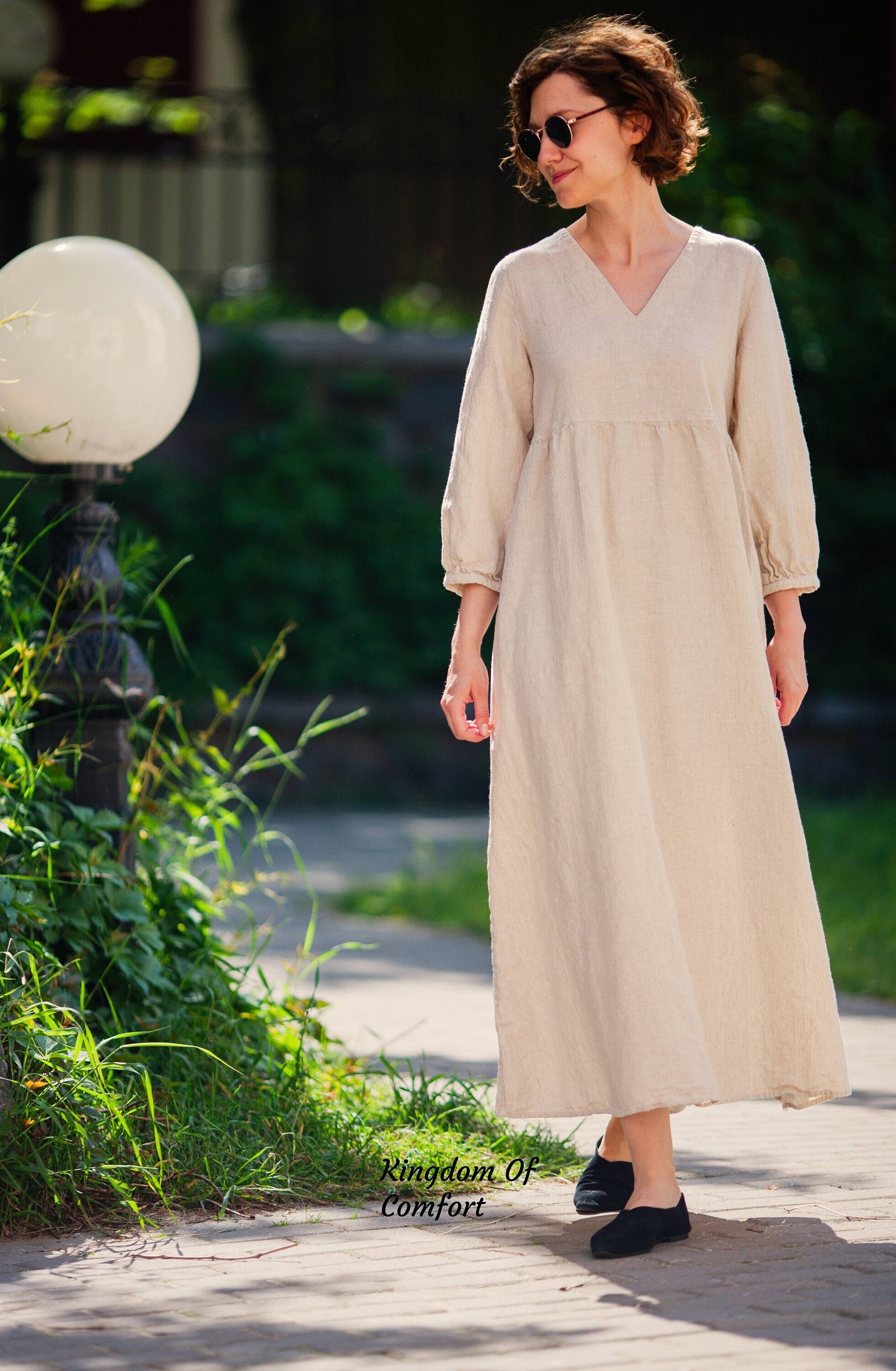 Long Linen Dress Flax Maxi Dress V-neck 