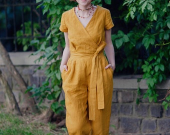 Linen Jumpsuit Long Linen overall Linen Romper Linen Clothing Women clothing Handmade Jumpsuit Loose Wrap Linen Jumpsuit Wrap Overall