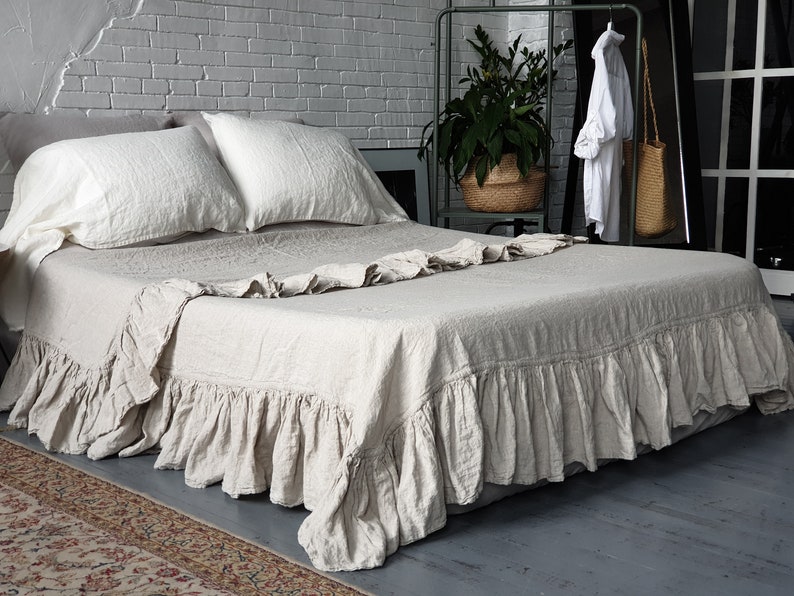 Linen Flat Sheet With Ruffle On 4 Sides Vintafe Chabby Chic Etsy