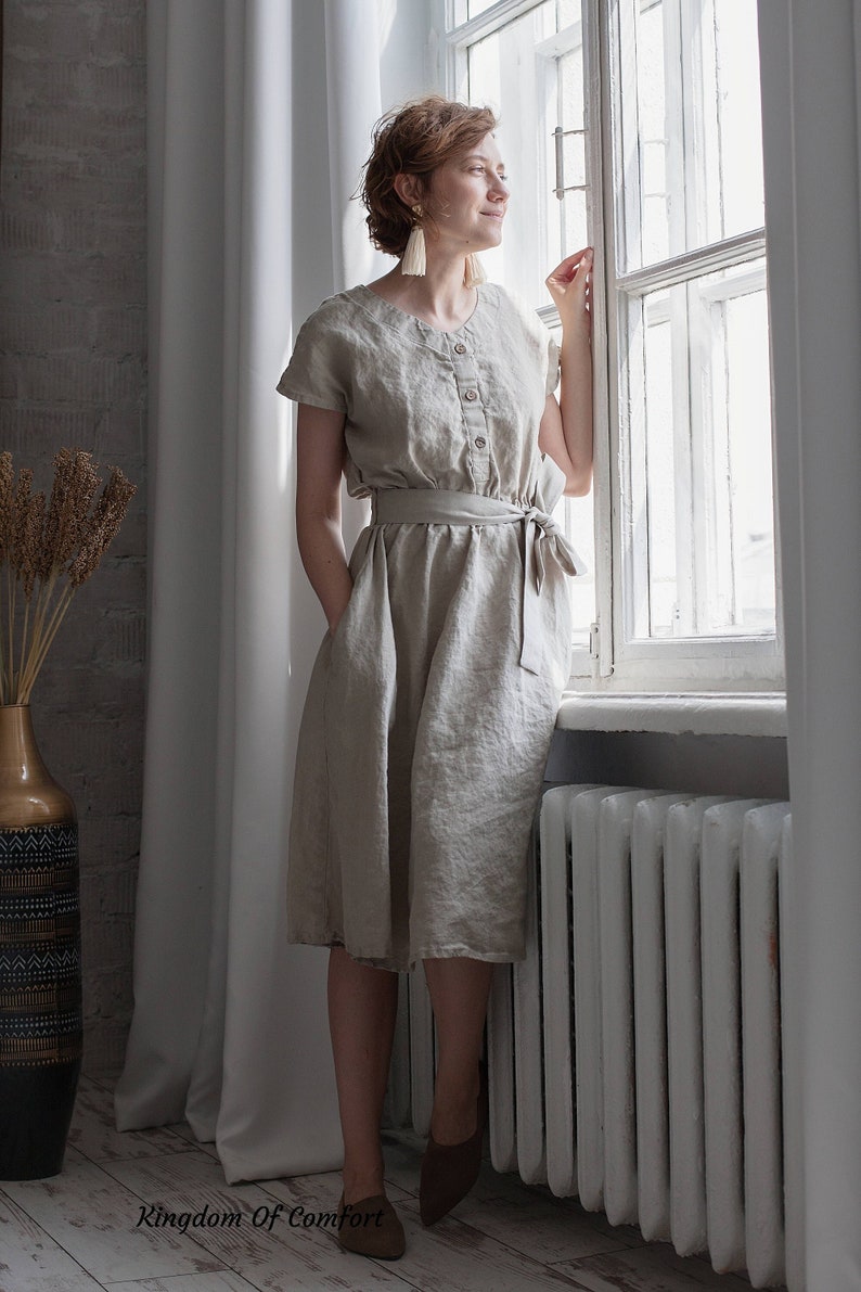 Linen Dress With Belt Summer Relaxed Fit Linen Dress Casual Loungewear Day Dress Travel Dress Linen Women Dress Summer Organic Dress image 1