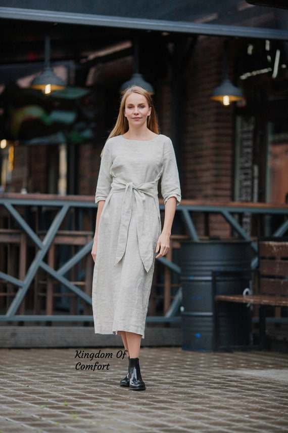 Pure Linen DRESS Long Dress With Belt Midcalf Linen Dress Soft Washed Loose  Fit Comfy Dress Natural Linen Dress Women Dress Linen Clothing -  Canada