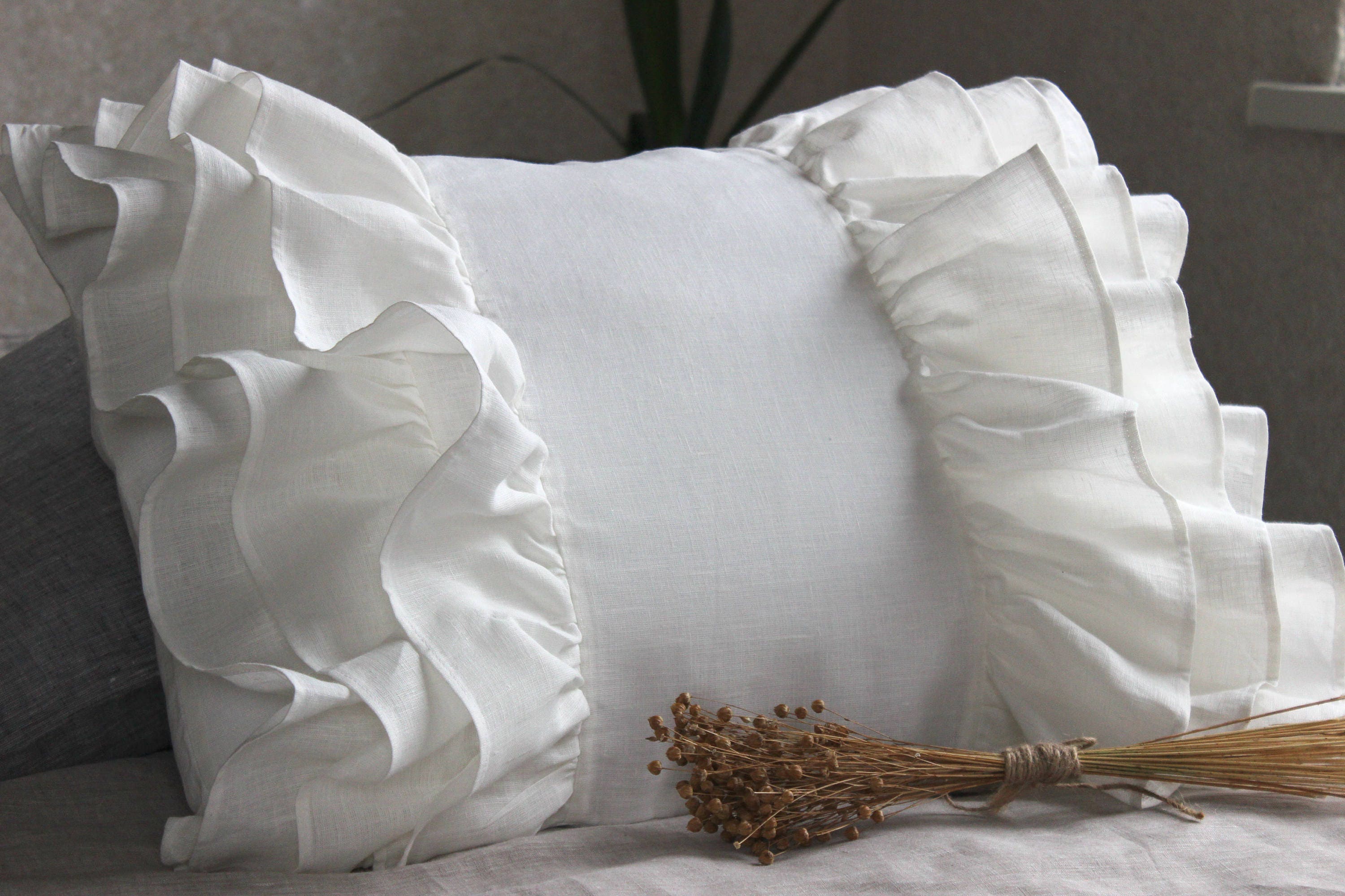Linen pillowcase with triple ruffle on two side. Vintage | Etsy