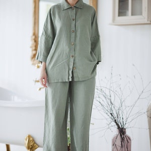 Linen PAJAMA Loose comfortable linen Pajama set Linen Sleepwear Linen Loungewear Night suit Linen pajama set Shirt and Pants image 9