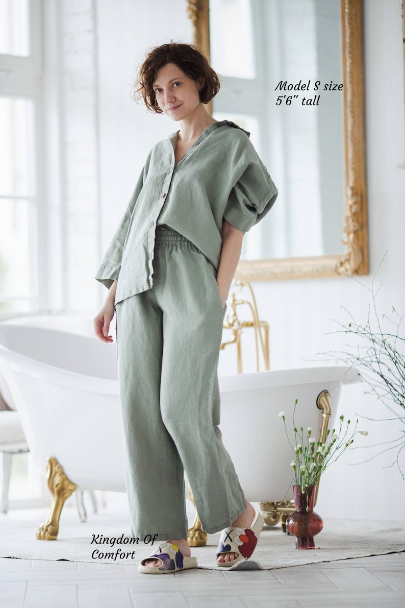 Linen PAJAMA Loose comfortable linen Pajama set Linen Sleepwear Linen Loungewear Night suit Linen pajama set Shirt and Pants image 8