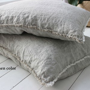 Pure 100% linen PILLOW CASE with fringe Fringed linen pillow cover Pillow sham Pillowcase size and color variations Soft organic bed linen image 1