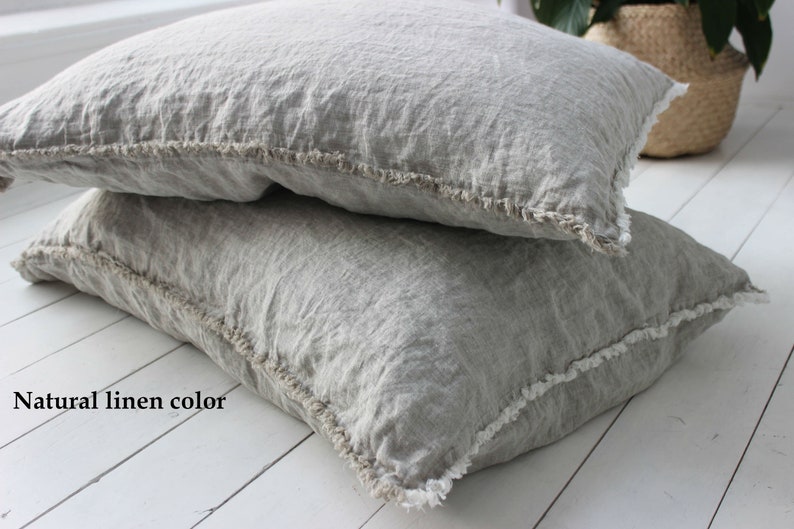 Pure 100% linen PILLOW CASE with fringe Fringed linen pillow cover Pillow sham Pillowcase size and color variations Soft organic bed linen image 1