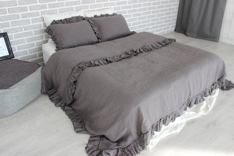 Comforter Linen DUVET COVER Quilt Ruffled cover with two pillowcases Soft organic Duvet cover with ruffle Twin Queen King CalKing Double image 1