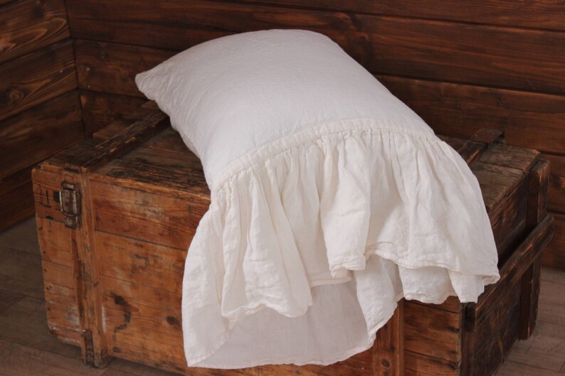 Stonewashed linen pillow sham with long ruffle on one side. Etsy
