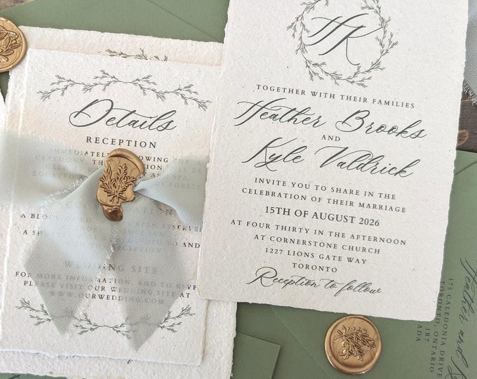 Featured listing image: Wedding Stationery, Wedding Invite, Handmade Paper, Vintage, 5" by 7"