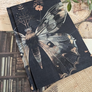 Peut inclure: Un journal à couverture rigide avec un fond sombre et une illustration détaillée d'un papillon. Le papillon a des ailes beiges et crème avec des motifs complexes. Des accents floraux et une carte vintage sont visibles en arrière-plan.