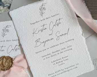 Wedding Stationery, Wedding Invite, Handmade Paper, Vintage, 5" by 7"