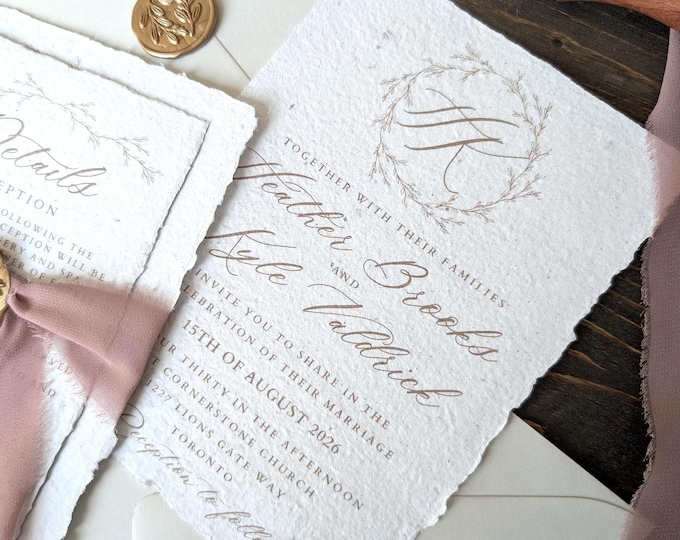Featured listing image: Wedding Stationery, Wedding Invite, Handmade Paper, Vintage, 5" by 7"