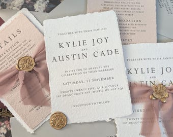 Kylie Wedding Stationery, Invite, Handmade Paper, Letterpress, Vintage, 5" by 7", Suite