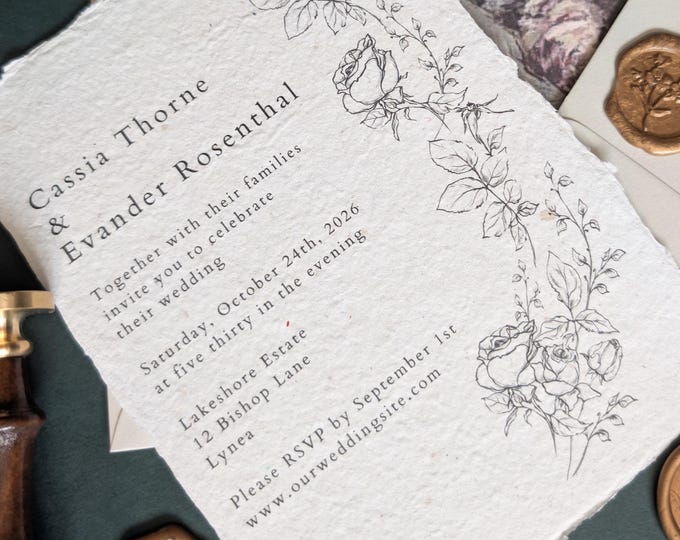 Featured listing image: Wedding Stationery, Wedding Invite, Handmade Paper, Vintage, 5" by 7"